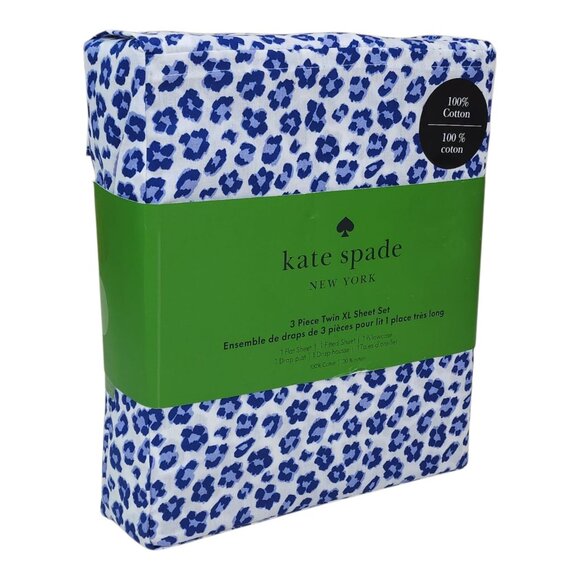 Kate Spade 3 Piece Twin XL Sheet Set Cotton Blue Leopard Print Nighttime - Picture 2 of 10